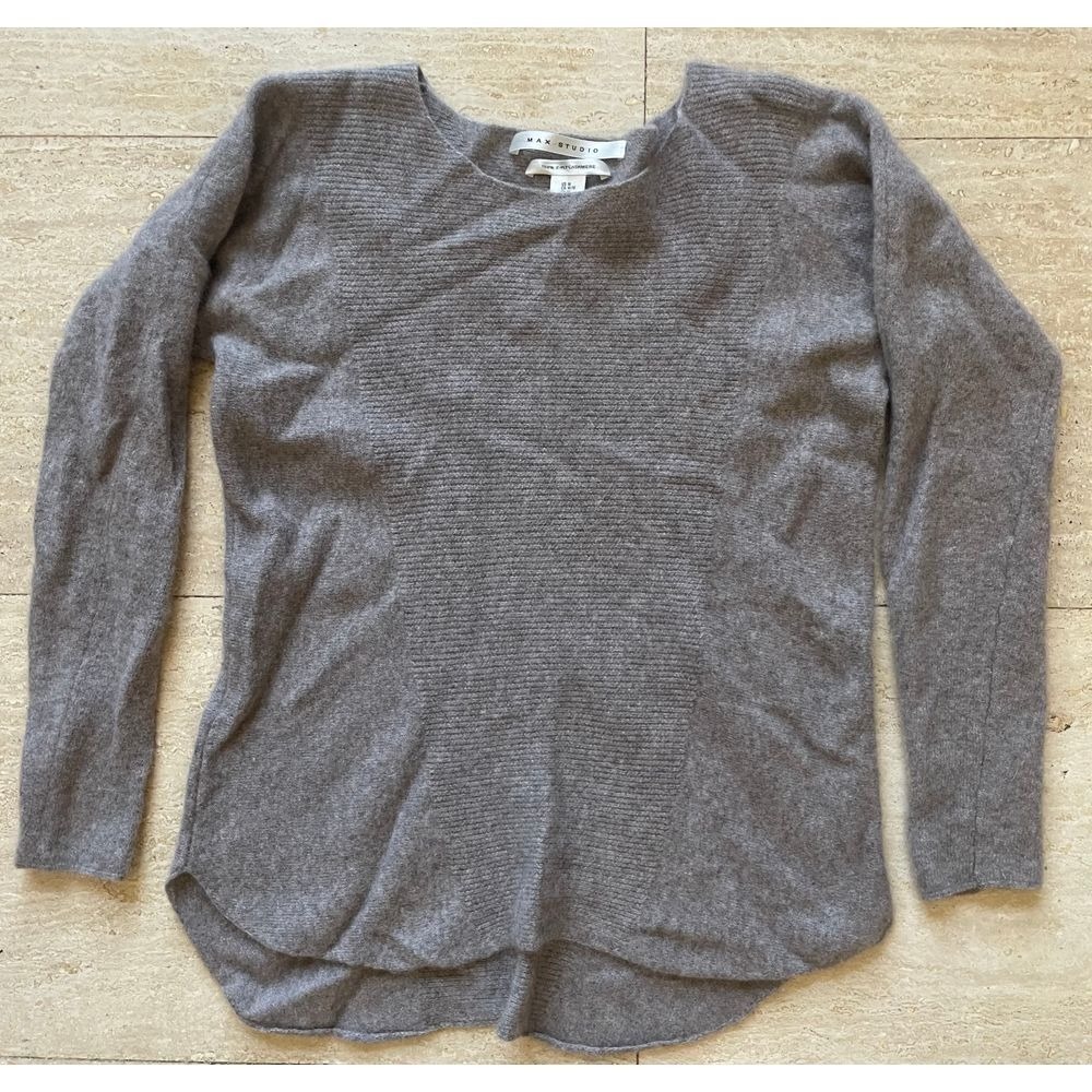 Max Studio 100% 2-Ply Cashmere Beige Brown Long Sleeve Sweater Women's M